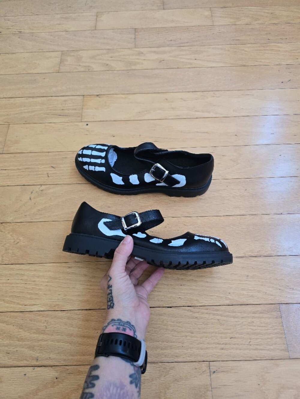 WhimsyGoth Skeleton Foot Black Chunky Lug Sole Mary Jane Shoe | WMS 7